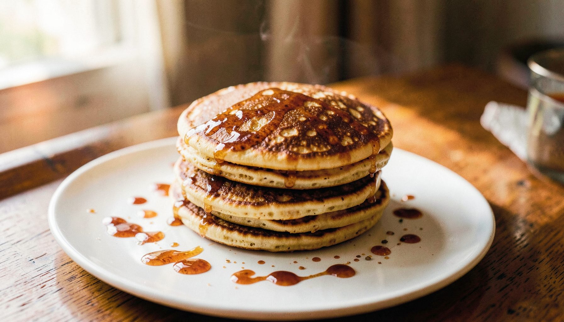 Een stapel goudbruine Hollandse pannenkoeken op een wit bord, besprenkeld met stroop, warm en huiselijk