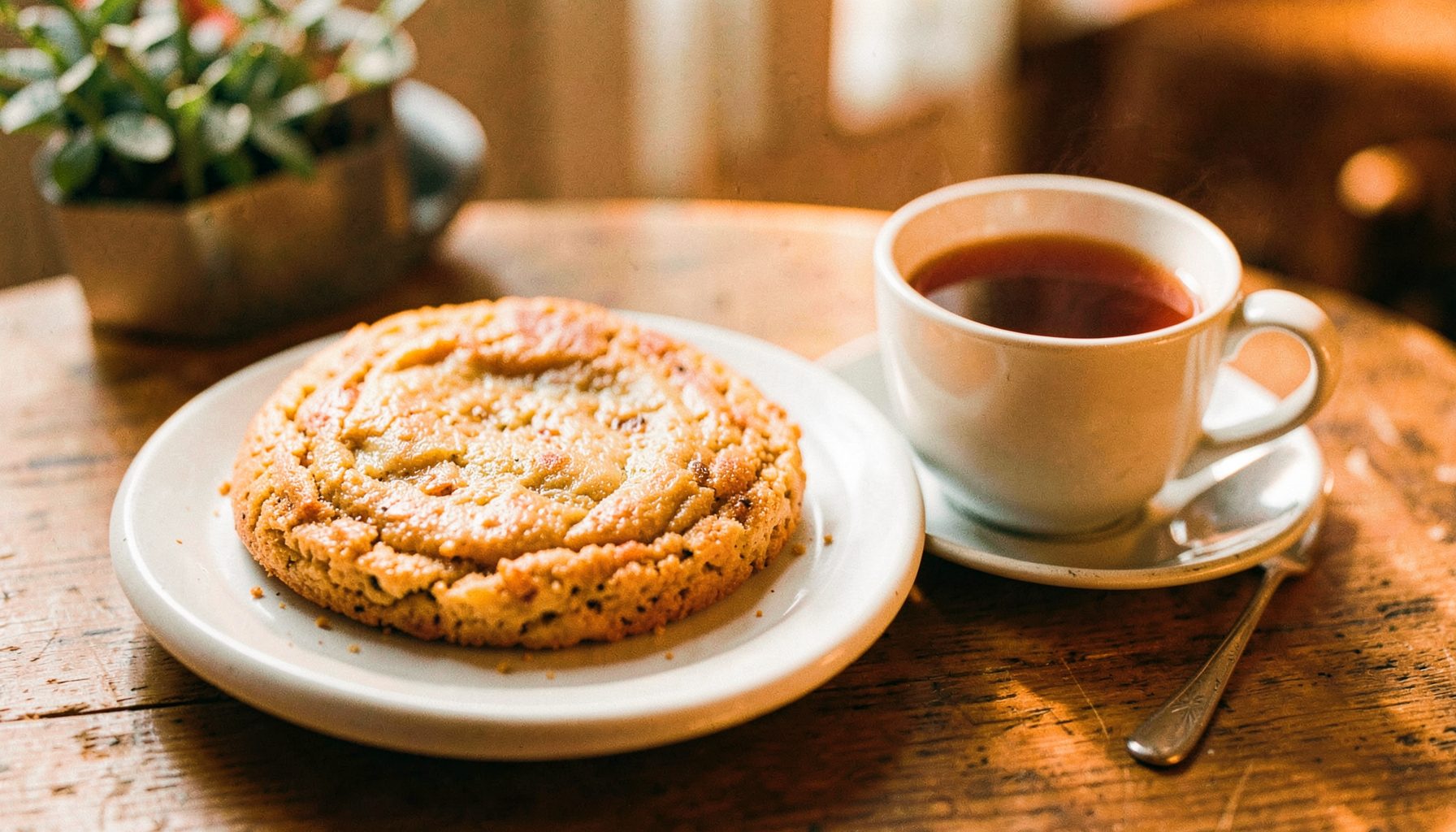 Een dikke plak ontbijtkoek op een bord met een kop thee ernaast, warme kruidige tinten