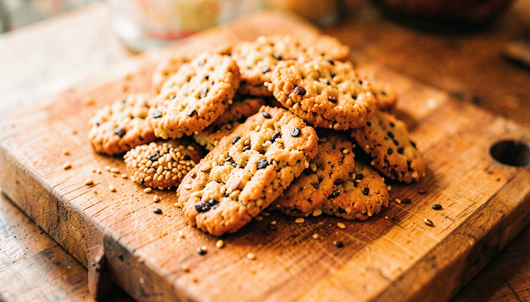 Een handvol knapperige zadencrackers op een houten snijplank, met lijnzaad en sesamzaad zichtbaar