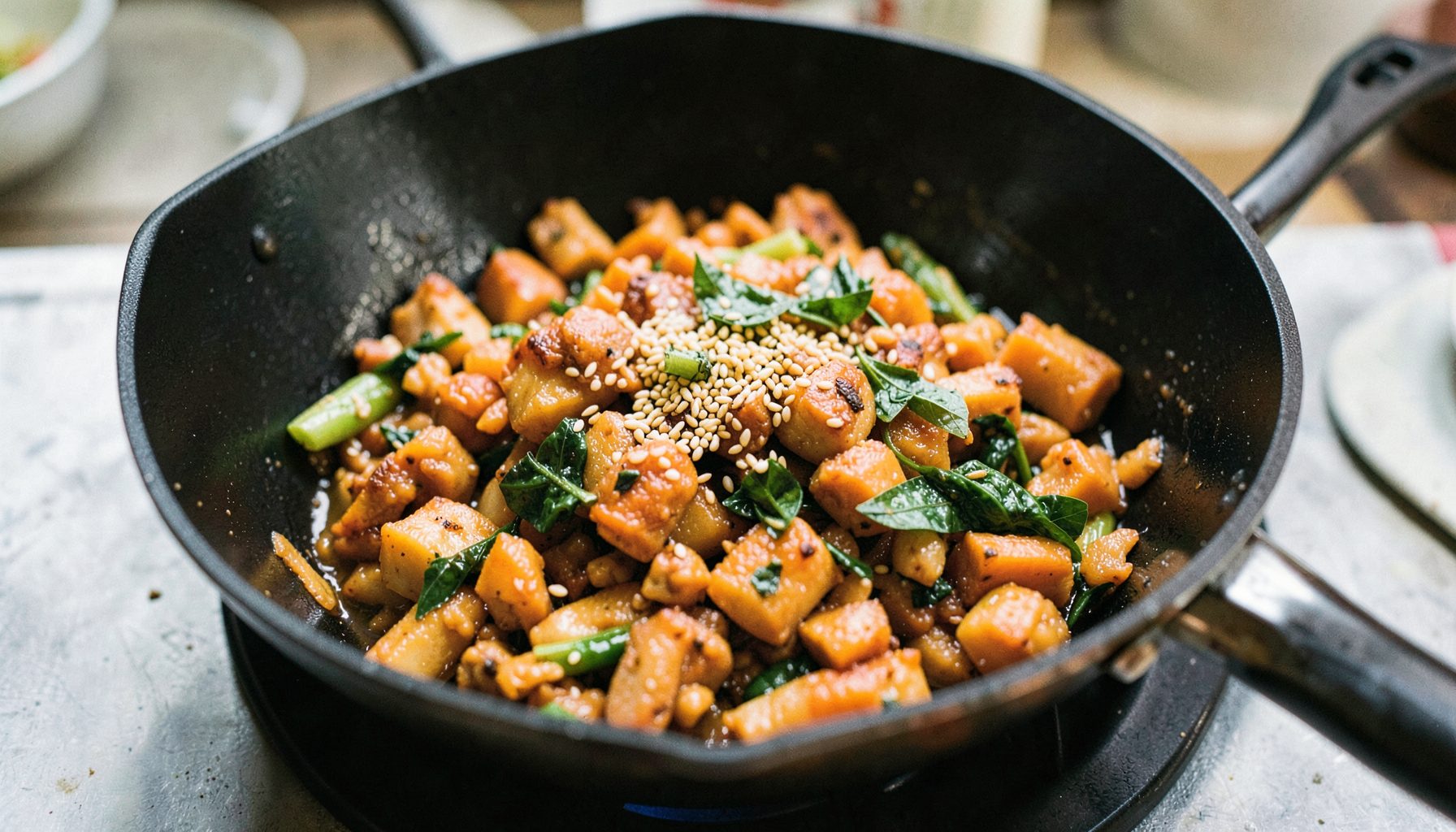 Een wokpan met roergebakken paksoi, lente-ui en sesamzaadjes, heldere groene en bruine tinten
