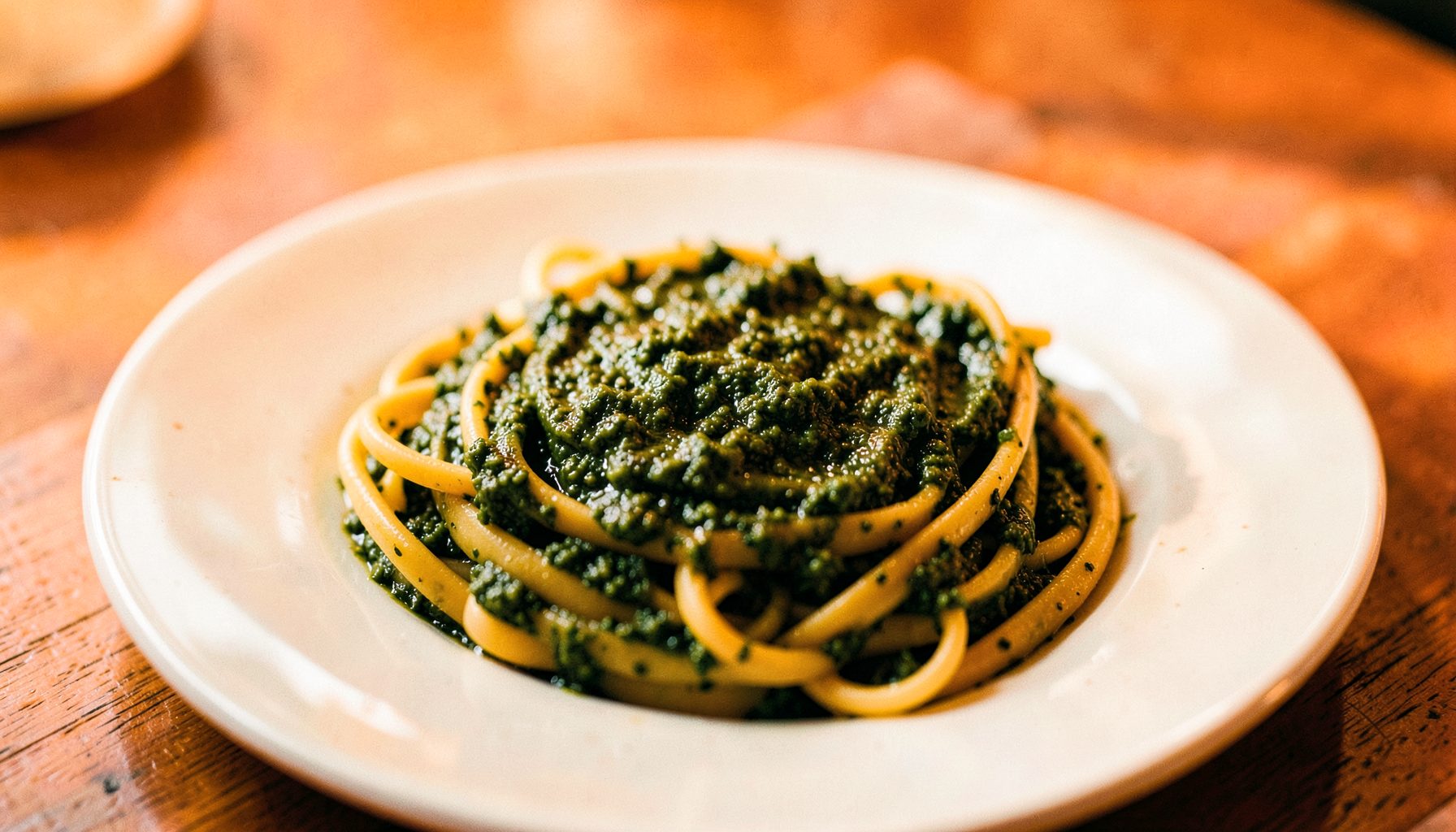 Een bord pasta met donkergroene pesto van cavelo nero, eenvoudig en rustiek geserveerd