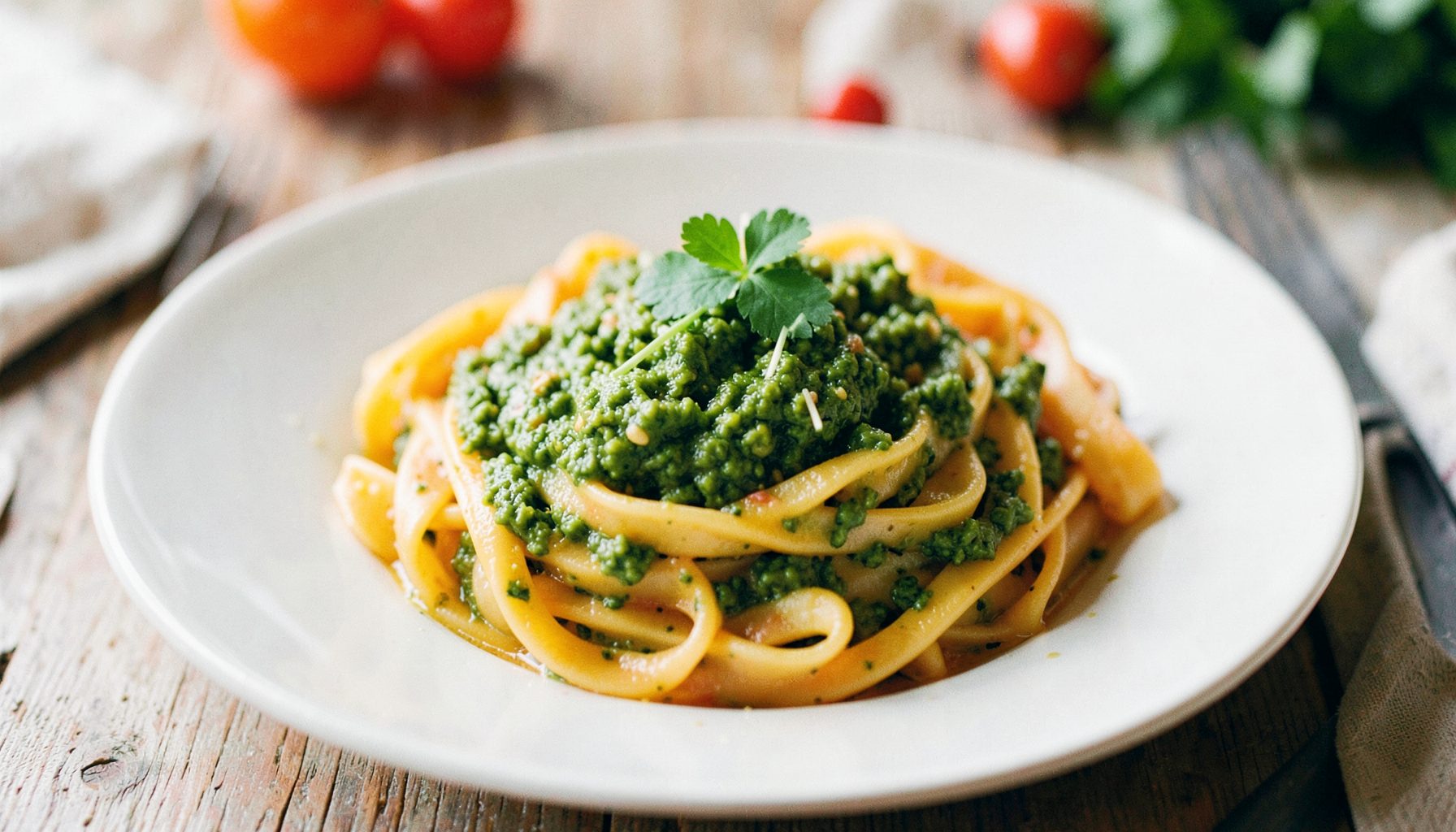 Een bord pasta met frisgroene bieslookpesto en een lichte garnering, lenteachtige tinten